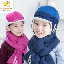 Korea plus cashmere warm embroidered hat scarf set of boys and girls two sets of autumn and winter two wearing a cap