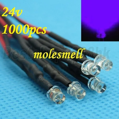 

1000pcs 3mm 24v Flat Top Purple/UV LED Lamp Light Set Pre-Wired 3mm 24V DC Wired 3mm big/wide angle Purple 24v led