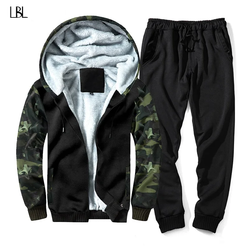 

Winter Camouflage Men's Set Thick Warm Hooded Tracksuit Men Inner Fleece Add Fluff Jacket Male Tow Pieces Brand chandal hombre