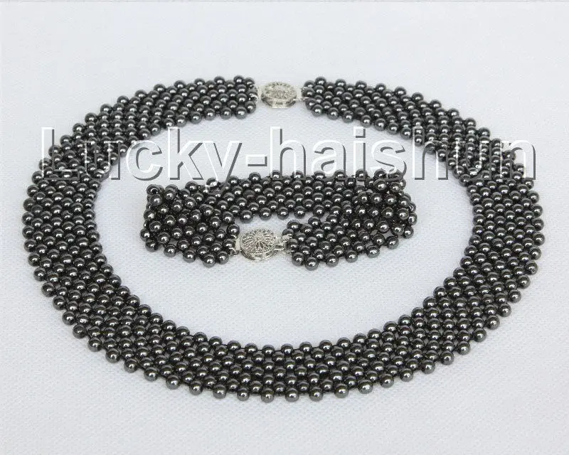 

shipping Genuine 17" 7" Black Hematite Stone Choker bracelet necklace set j11074