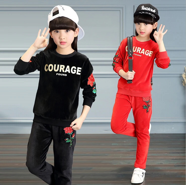 ФОТО 3-14 Years Velvet Kids Clothing set Children outerwear sport suit girls hooded jacket+Pants fashion sweatshirt tracksuit clothes