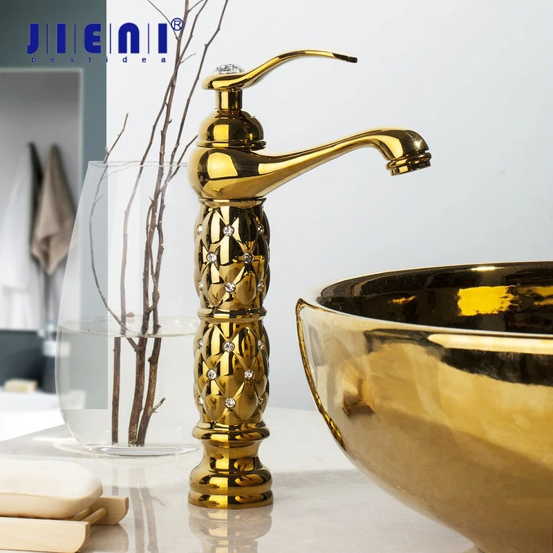 JIENI Golden Plated Polish Bathroom Basin High Short Luxury Style Faucet Deck Mounted Single Handle Sink Faucets Mixer Tap