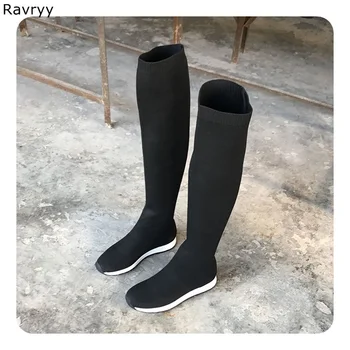 

Elastic Knitting wool Woman long Boots Black Female Over-the-knee Boot white flat heel Slip-on 2019 Autumn Winter fashion Outfit