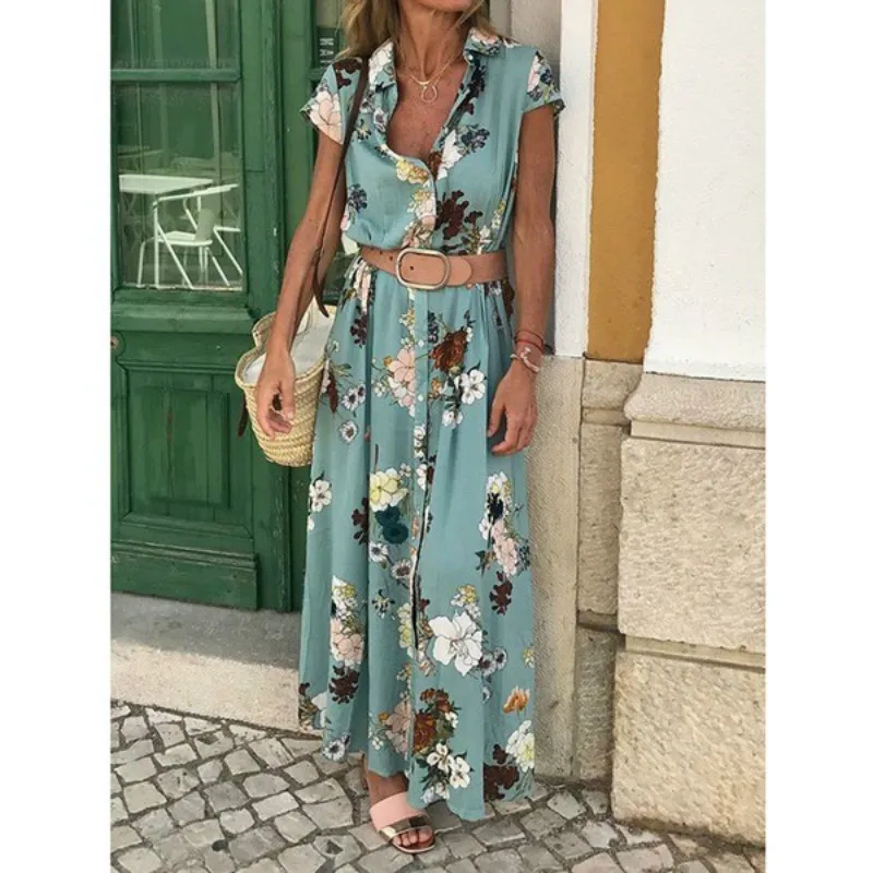 

Summer Bohemian Long Dress Women Short Sleeve Floral Sun Holiday Dress with Belt