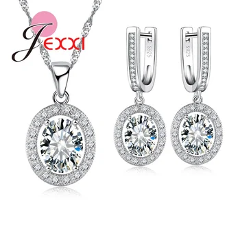 

Queen Items Bridal 925 Sterling Silver Jewelry Sets Women Crystal Round Zircon Necklace Earrings Set for Wedding Party