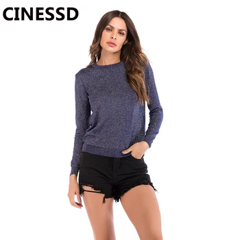 

CINESSD Women Casual Pullover Sweaters Round Neck Long Sleeves Solid Tops Tee Shirt Navy Blue Loose Autumn Thin Knitted Sweater