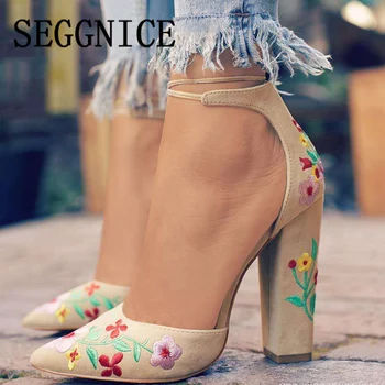 

2019 Summer Women High Heels Embroidery Pumps Flower Sexy Party Shoes Ankle Strap Sandals Female Plus Size Ladies Black Shoes