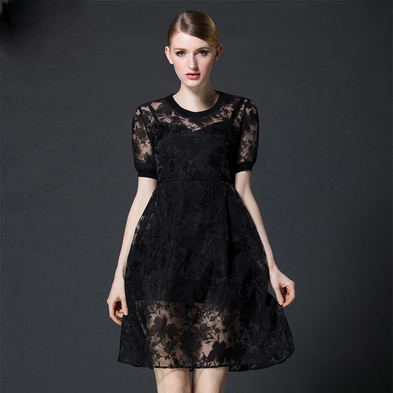 XS 3XL Plus Size Black Floral Print Transparent Organza Prom Dresses