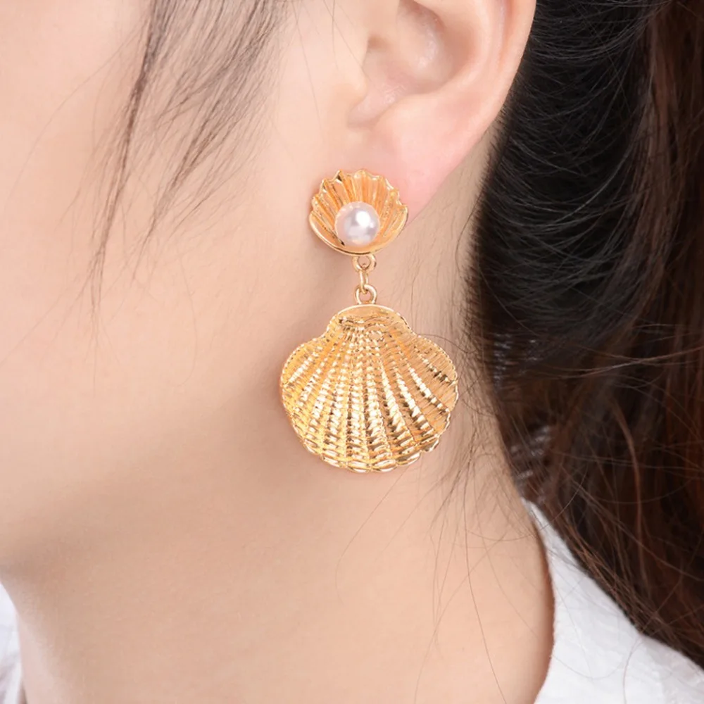 

JAVRICK 1 Pair New 2018 Simulated Pearl Big Metal Shell Drop Earrings Women Boho Beach Jewelry Gold Silver Color