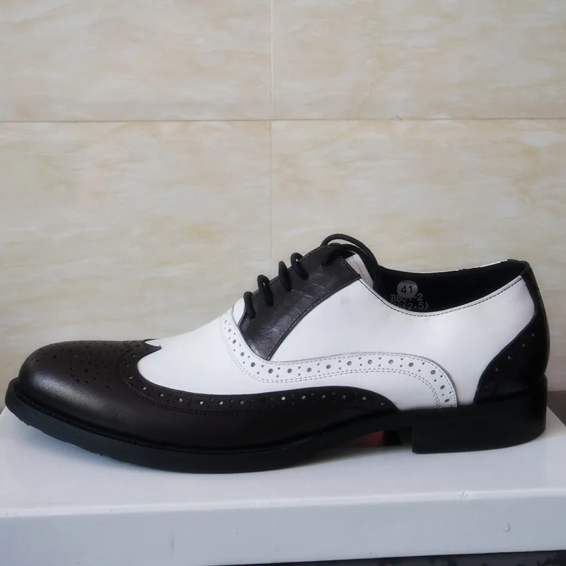 Clearance Sale !! US 8 Men Retro Genuine Leather Black and White Fretwork Pointed Toe Oxfords Wing Tip Brogue Shoes Eur Size 41