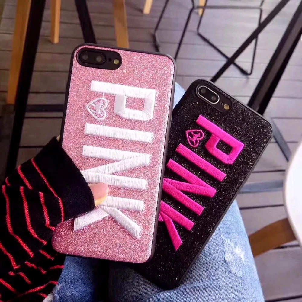 

Hot Luxury PINK Brand Glitter Embroidery Leather Fashion Cute Pink Cover Case for iphone 6 6S S plus 7 7plus 8 8plus X XR XS MAX