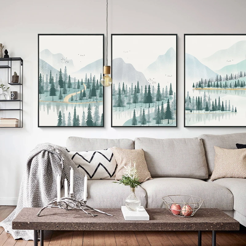 Nordic Abstract Mountain Forest Landscape Canvas Painting Posters And
