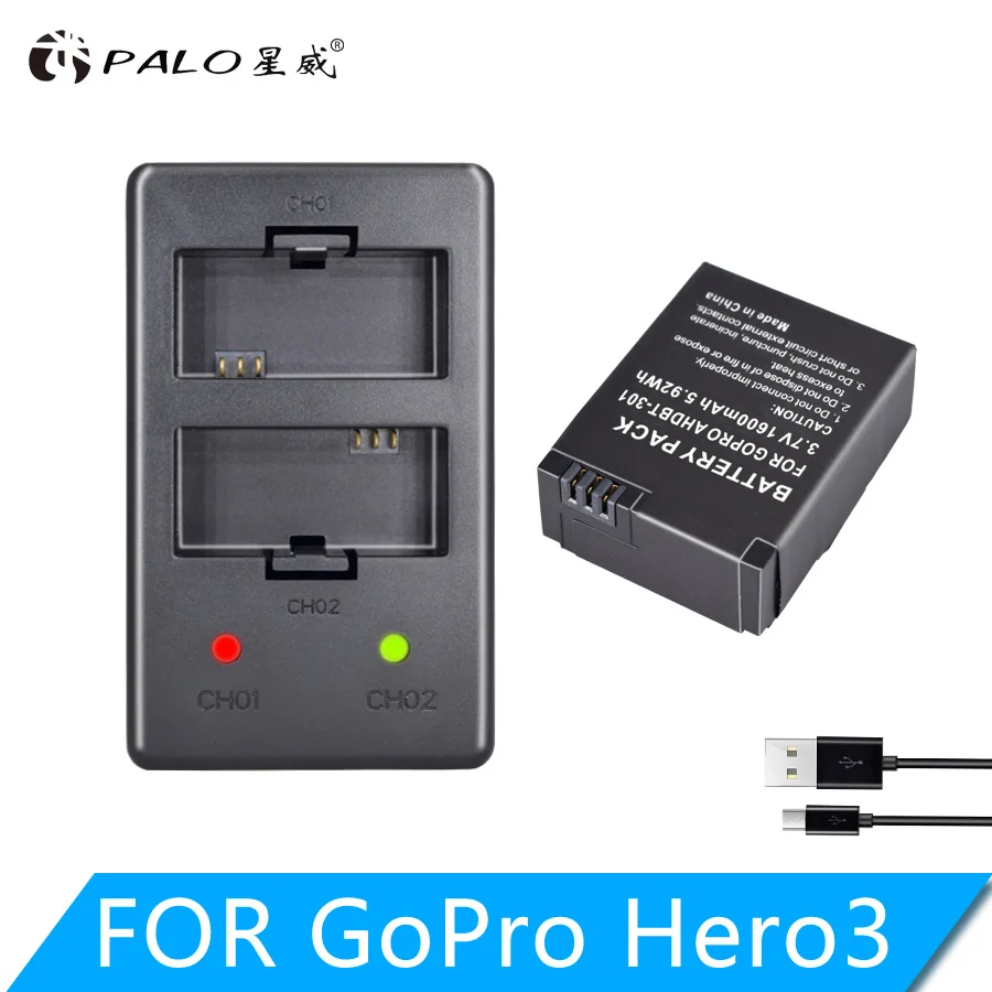 PALO 1600mAh батарея для экшн-камеры GoPro AHDBT-201/301 Gopro Hero 3 3+ AHDBT-301 AHDBT-201 батарея для go pro Аксессуары - Цвет: 1PC and charger