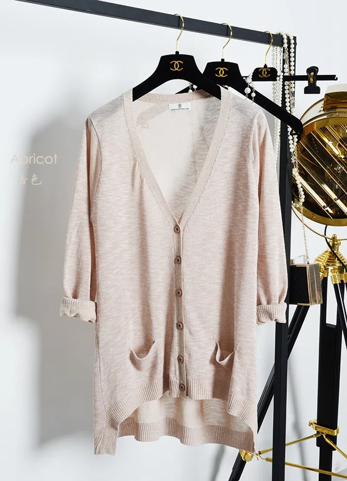 Free shipping women fashion temperament in the long section summer high quality Linen thin comfort  V-collar Thick knit cardigan