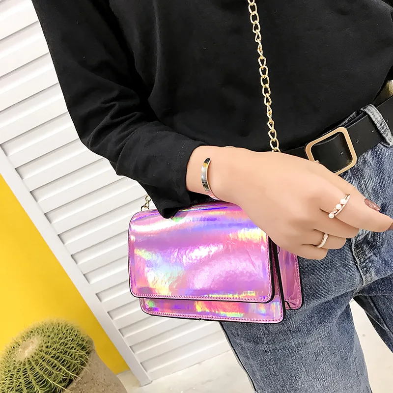 Aequeen المجسم الخصر حزم حقائب النساء سلسلة الهولوغرام الليزر pu جلدية فاني حزمة حقيبة الحقيبة حزام crossbody حقائب السيدات محفظة