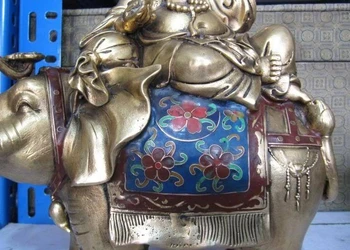 

Tibet Brass cloisonne Maitreya Buddha Ride on Elephant Statue