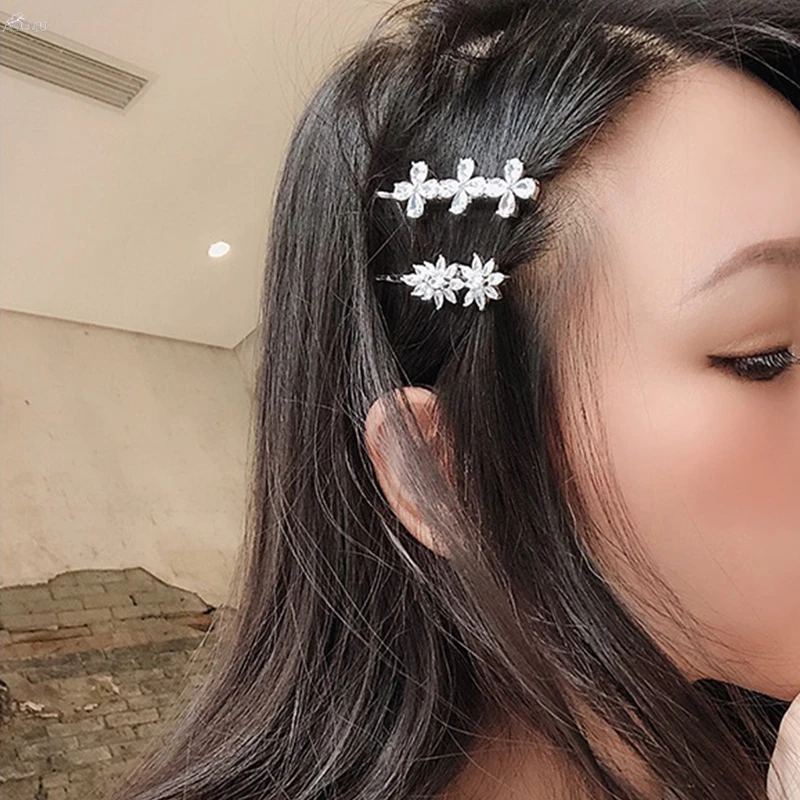AOMU Women Shiny Crystal Hair Clips Korea Rhinestones Flower Hairpins
