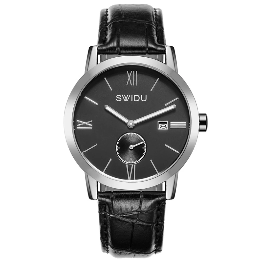 

SWIDU Mens Watches Quartz Leather Strap Date Business Casual Simple Roma Scale Clock Men Waterproof Wristwatch