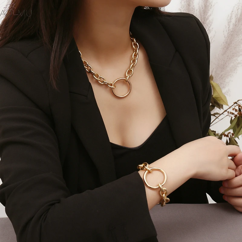 

AOMU Punk New Design Wide Gold Metal Link Chain Geometric Hollow Round Circle Bracelet for Women Girl Party Jewelry