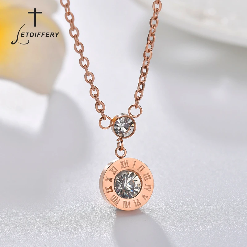 

Letdiffery Bling Clear CZ Stone Roman Numbers Wedding Necklace Rose Gold Stainless Steel Women Engagement Jewelry for Girlfriend