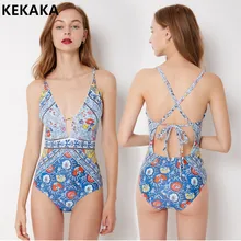 KEKAKA сексуальный синий Подсолнух печати Цельный купальник плюс размер накрест купальник бандаж купальный костюм монокини для женщин