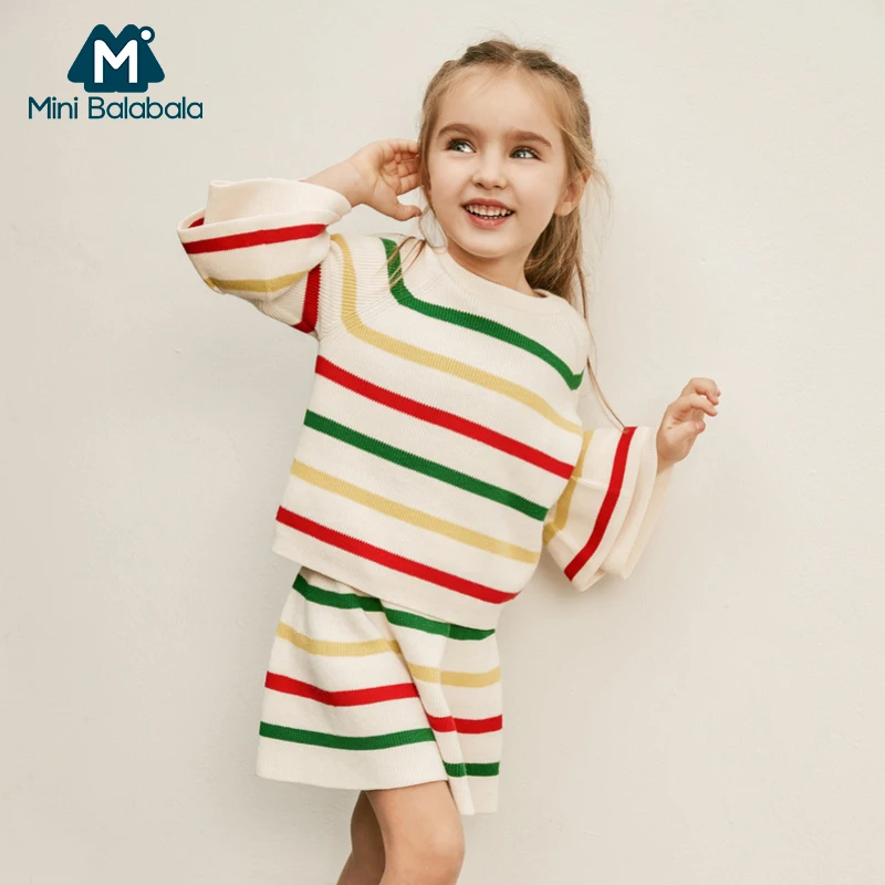 Minibalabala/трикотажная одежда с длинными рукавами для девочек; футболка+ юбка; Новинка года; Весенняя детская одежда; комплект из 2 предметов для малышей