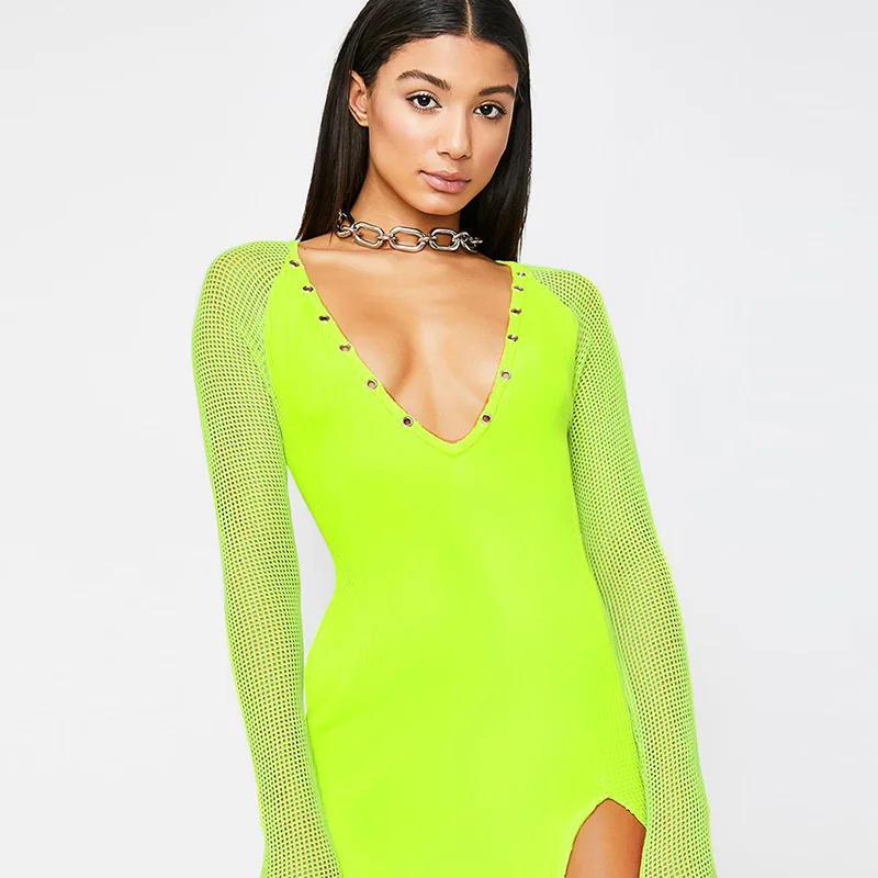 

neon green V-neck mesh long sleeve patchwork split sexy dresses 2019 spring women fashion elegant high waist club party dress