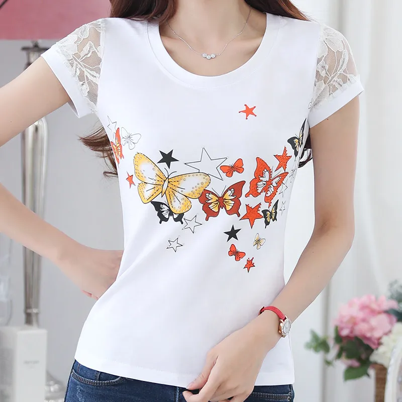 Женская Кружевная футболка со стразами Camisetas Mujer белая с принтом лето 2019 | одежда