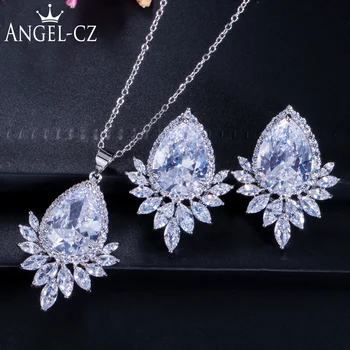 

ANGELCZ Delicate 2 Piece Ladies Jewellery Set Inlay Dazzling Clear Crystal Big Flower Pendant Necklace And Earrings Design AJ050