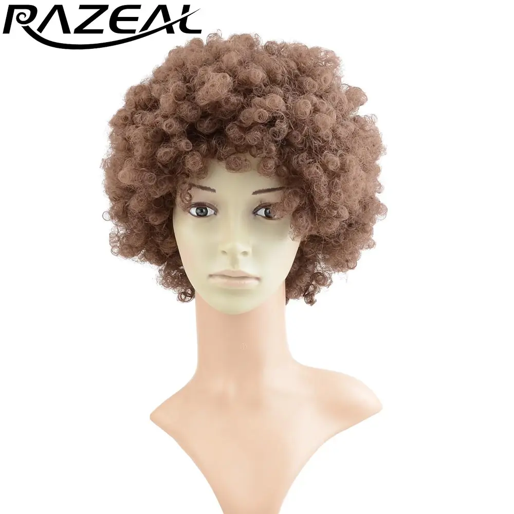 Razeal натуральный черный синтетический афро парик странный вьющиеся короткие парики афроамериканец жаропрочных волокна