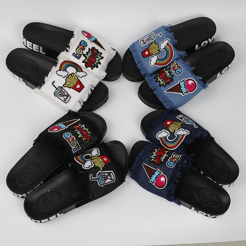 New Womens Sandal Styles Cartoon Patch Embroidery Tassel Flat With Open-toed Slip Holiday Shoes 2016 Comfort Cheap Slippers64