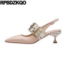 Crystal Strap Pointed Toe Nude Patent Leather Rhinestone Slingback Kitten Heel Shoe