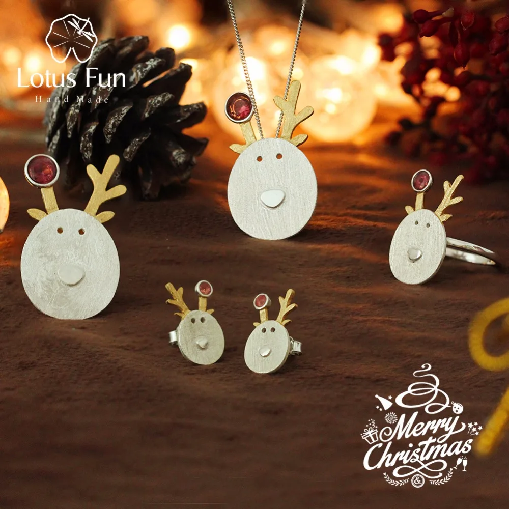 Lotus Fun Real 925 Sterling Silver Creative Handmade Fine Jewelry Christmas Joys Cute Reindeer Jewelry Set