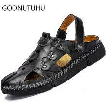 Г. Новые модные мужские сандалии повседневная кожаная обувь мужские пляжные сандалии, большие размеры 38-48 мужские тапочки уличные сандалии на плоской подошве для мужчин