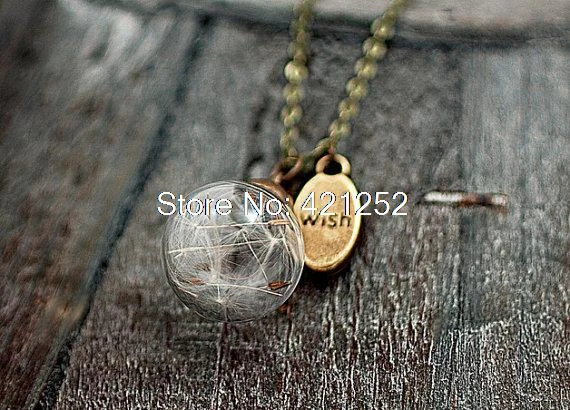 TINY bronze necklace with Real Dandelion Seeds in glass orb and charm. Delicate and elegant jewelry for her