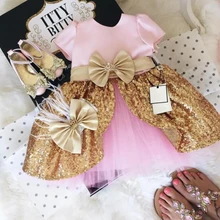 Розовое золотое платье с блестками со средней длиной бальное праздничное платье с цветочным рисунком для девочек на сыадьбу и деловое платье