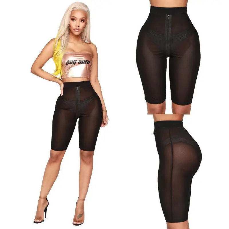 

BKLD 2018 Fashion Women Beach Mesh Cover Up Pants Sexy See Through Capri Pants Front Zipper Black Summer Casual Skinny Trousers
