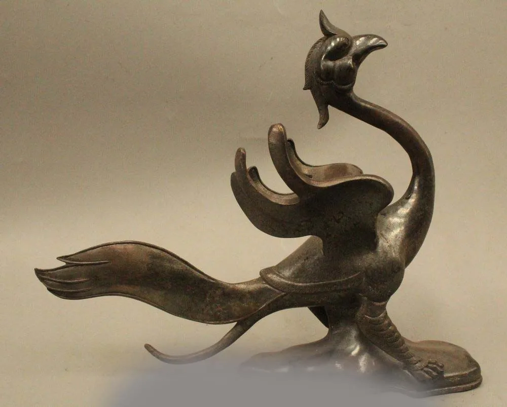 

11" Chinese Fly Bronze Fengshui Phoenix phenix Bird fung-hwang Statue Sculpture