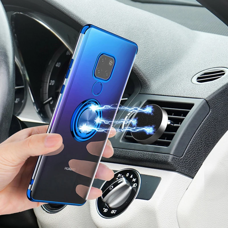 

Magnetic Car Mount Finger Ring Holder Case for Huawei Mate 20 Pro Mate20 Clear Transparent Plated TPU Aluminum Mount Cover Coque