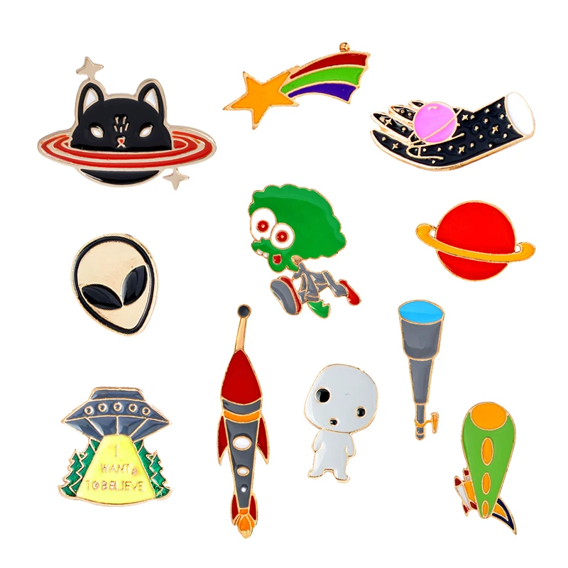 

Planet Cat Alien UFO Spaceship Telescope Rocket Meteor Enamel Badge Collection Brooch Lapel Pins Out Space Universe Pins for Kid