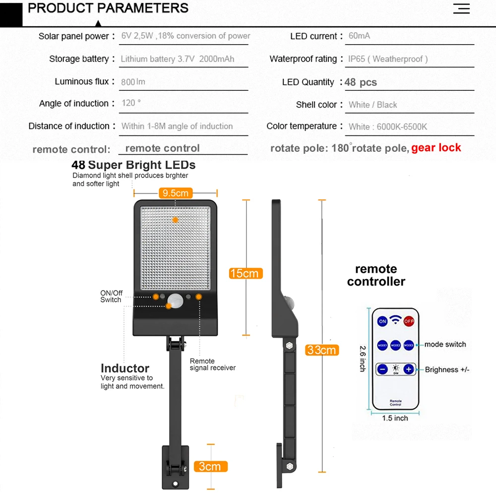 Controle remoto girar suporte solar luz de