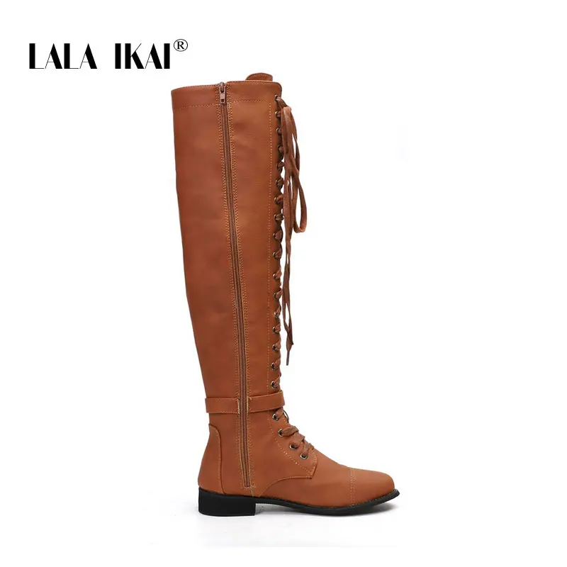 LALA IKAI/Женские Сапоги выше колена; черные сапоги из искусственной кожи на шнуровке; женская обувь с перекрестной шнуровкой на молнии; сапоги для верховой езды с пряжкой; XWA6393-4 - Цвет: orange