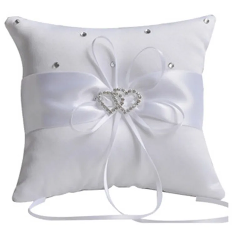 

2018 Hot Sale New White Double Heart Rhinestone Ring Pillow with Satin Ribbon Ring Bearer Cushion 10*10cmWedding Supplies