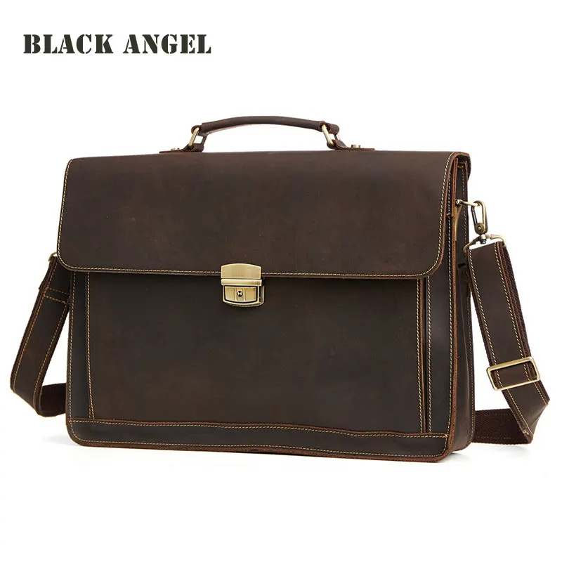 BLACK ANGEL Men genuine leather briefcases laptop bags business men handbags Vintage shoulder messenger bags for