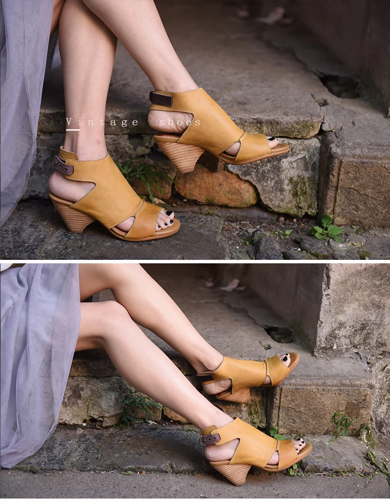 Artmu/оригинальные летние новые женские босоножки на толстом каблуке в стиле ретро удобная обувь ручной работы из воловьей кожи на высоком каблуке 0021-4