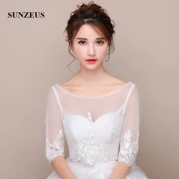 

Half Sleeve Wedding Jacket for Bridal Scoop V Back Sexy Bridal Wraps with Sequins Appliques Elegant chaquetas para mujer SW04