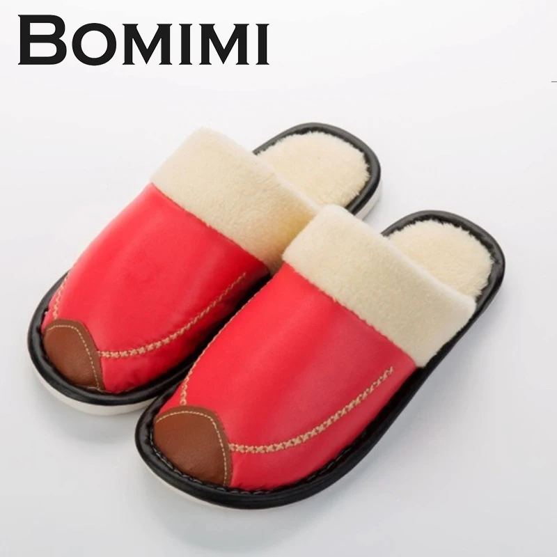 

BOMIMI Women Pu Slippers Anti-Slip Fur Slippers Comfortable Shoes woman Spring Autumn Cotton Plush Slippers
