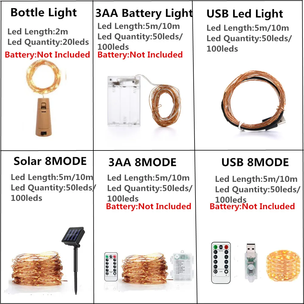 Праздничный светильник, гирлянда, бутылка, батарея 3AA, USB, 8 режимов, 2M5M10M, Рождественская, XmasParty, уличная, фея, Солнечная лампа, полоса, светильник