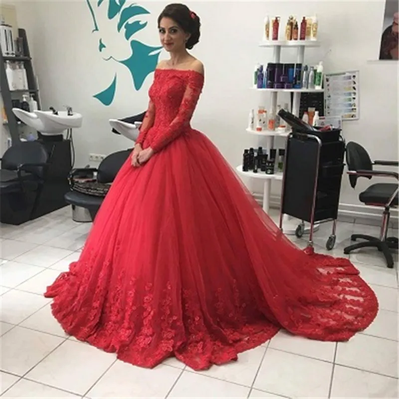 

Gorgeous Red Vestido De Noiva Long Sleeves Lace Off Shoulder Muslim Wedding Dress 2017 Appliques Beaded Bridal Gowns