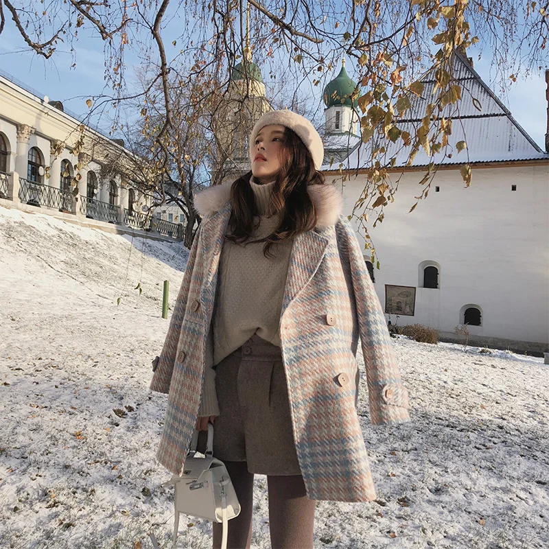 

Autumn Winter Woolen Coat Women Outerwear Winter Warm Woolen Blends Female Elegant Double Breasted Woolen Coat